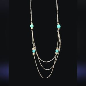Fashion Jewelry Beautiful, silver and Faux turquoise chain necklace, 3 tier.